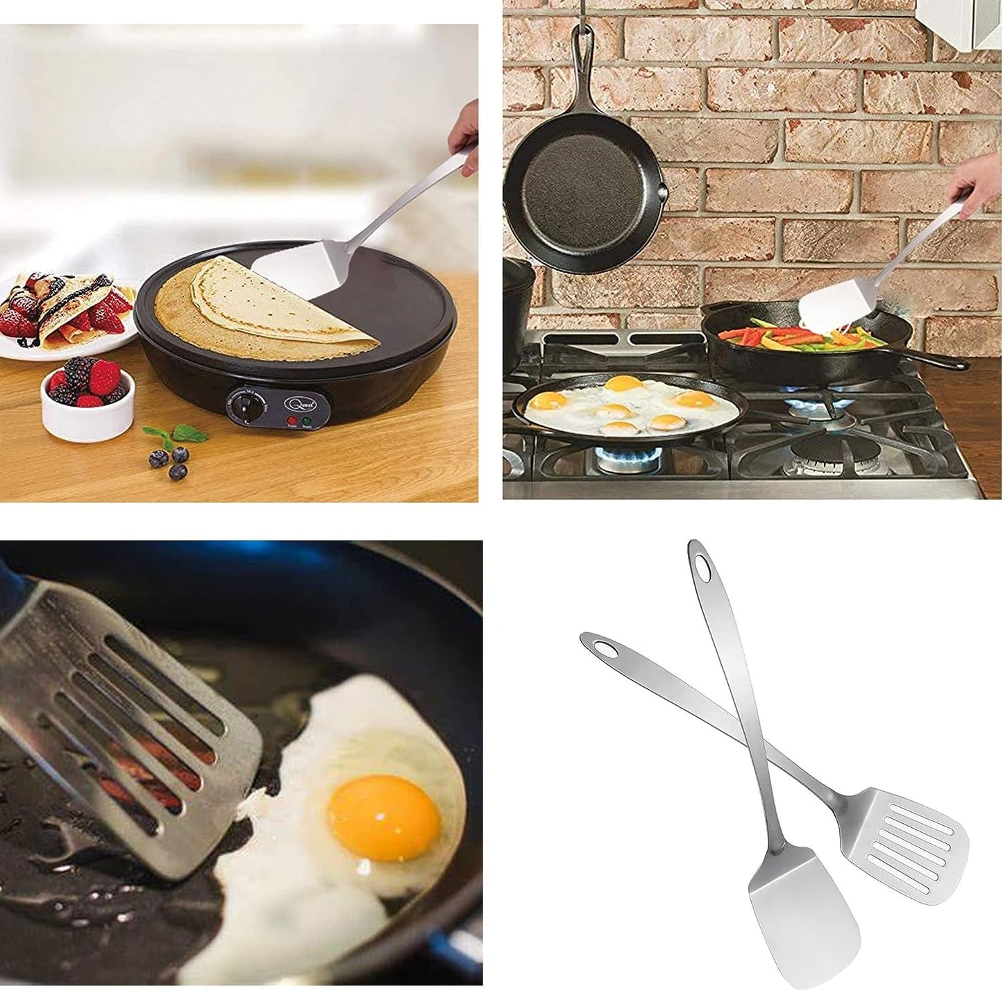 Stainless Steel Kitchen Spatula Set 13.5 inch used in various kitchen settings, showcasing versatile cooking performance for flipping, lifting, and serving