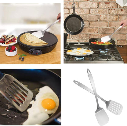 Stainless Steel Kitchen Spatula Set 13.5 inch used in various kitchen settings, showcasing versatile cooking performance for flipping, lifting, and serving