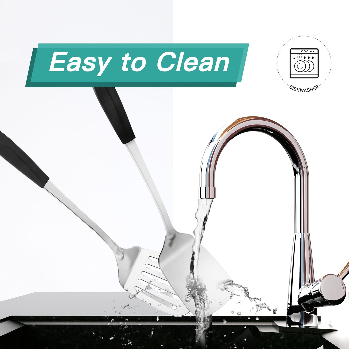 Stainless steel kitchen spatula featuring a smooth surface for easy cleaning and dishwasher-safe use