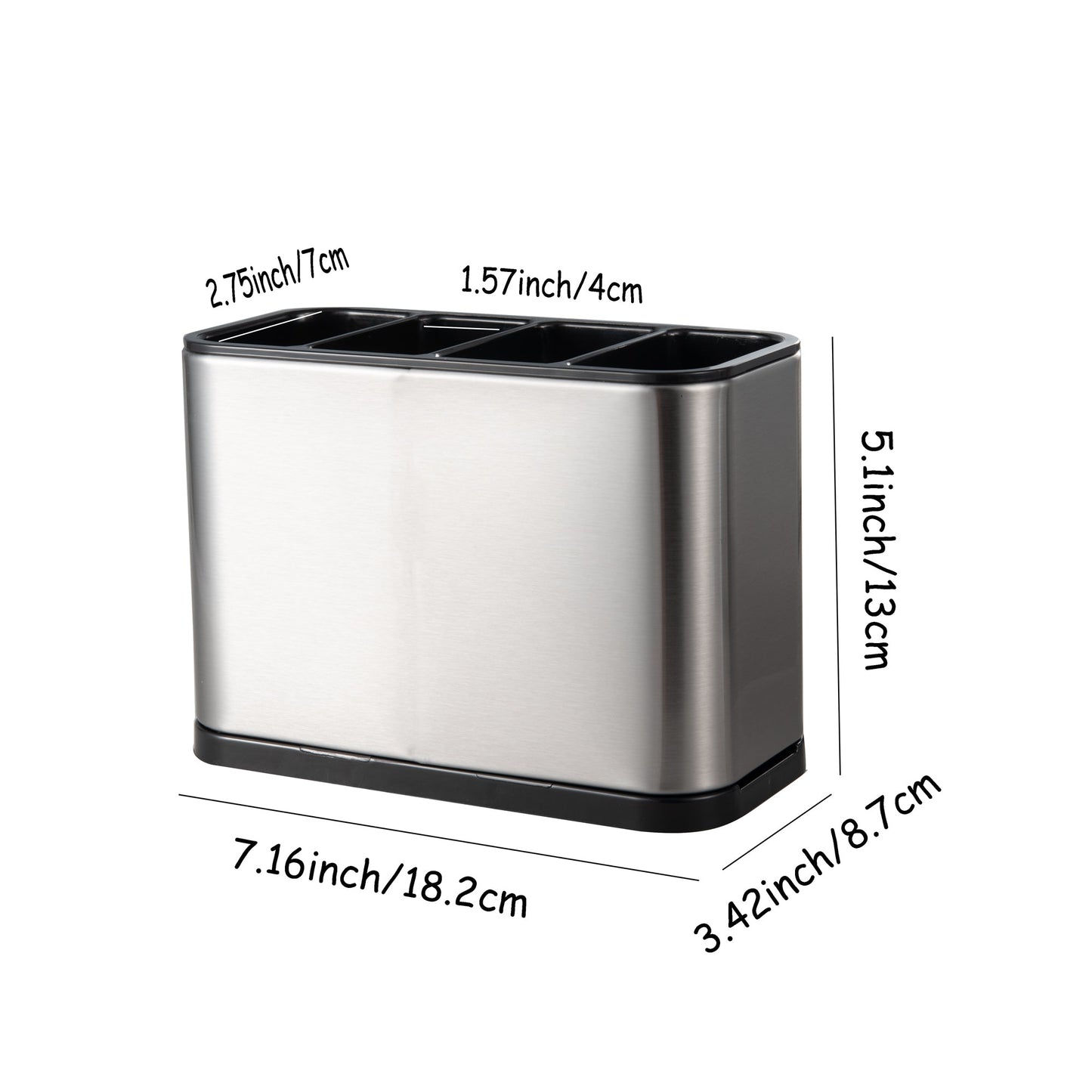 IMEEA Stainless Steel Flatware Organizer size details showing 7.16inch length, 3.42inch width and 5.1inch height