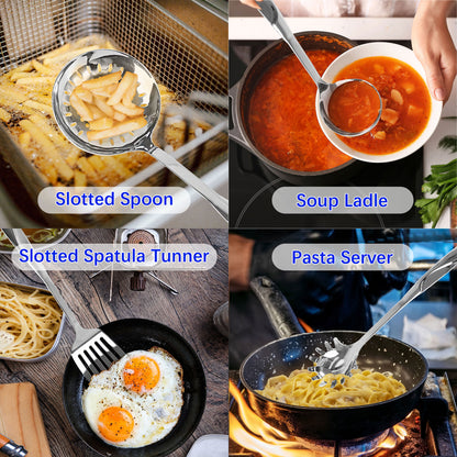 Complete SUS304 Stainless Steel Kitchen Utensil Set of 5 demonstrating versatile uses for cooking tasks such as frying, serving soup, flipping food, mixing pasta, and more