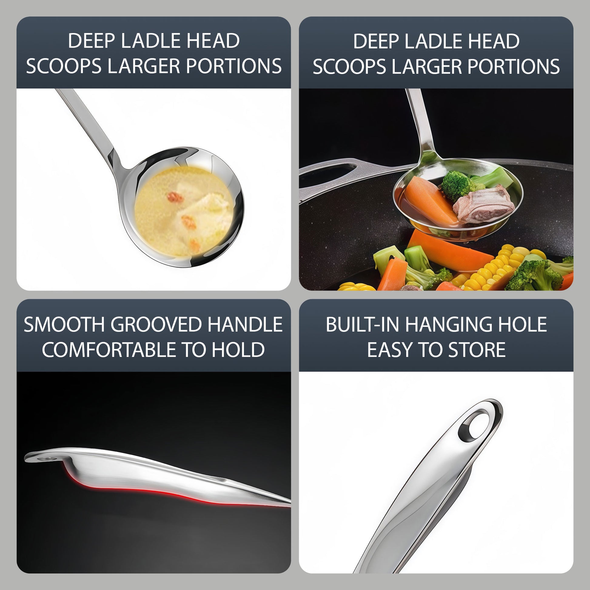Deep Ladle Head with Smooth Grooved Handle and Hanging Hole for Easy Storage