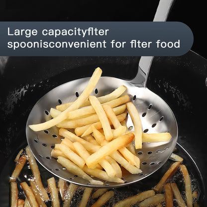 Large Capacity Stainless Steel Slotted Spoon scooping fries from a pan