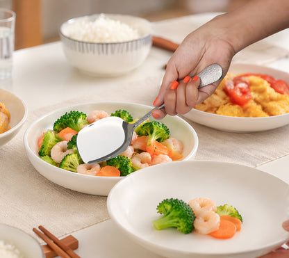 IMEEA Large Serving Spoon held in hand scooping food from a plate