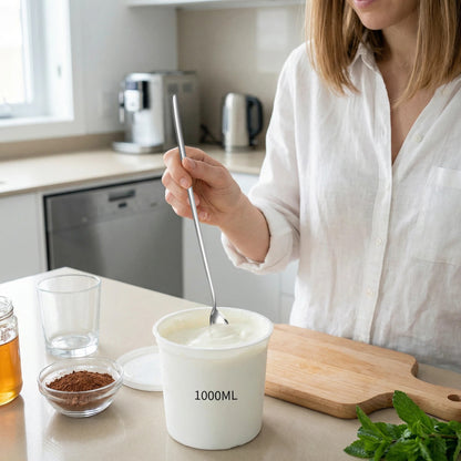 IMEEA Long Handle Spoon stirring yogurt in a 1000ml cup for easy mixing
