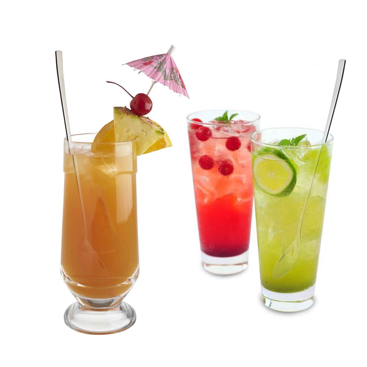 Stainless Steel Long Handled Spoon Set displayed with glass drinks for cocktails, iced tea and everyday beverage serving