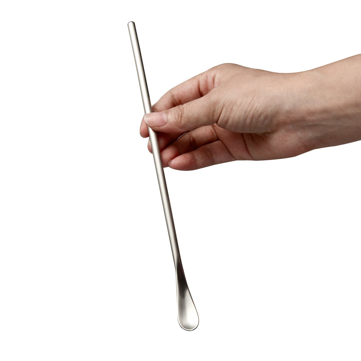 Long Handled Teaspoon Stainless Steel held in hand showcasing its slim elongated design