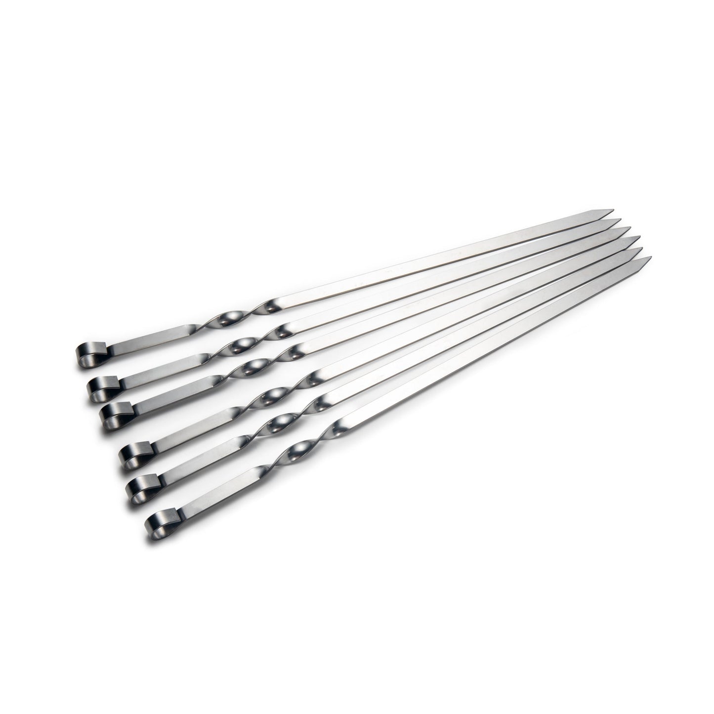 Flat Blade Stainless Steel Shish Kabob Skewers arranged flat for a clear product view