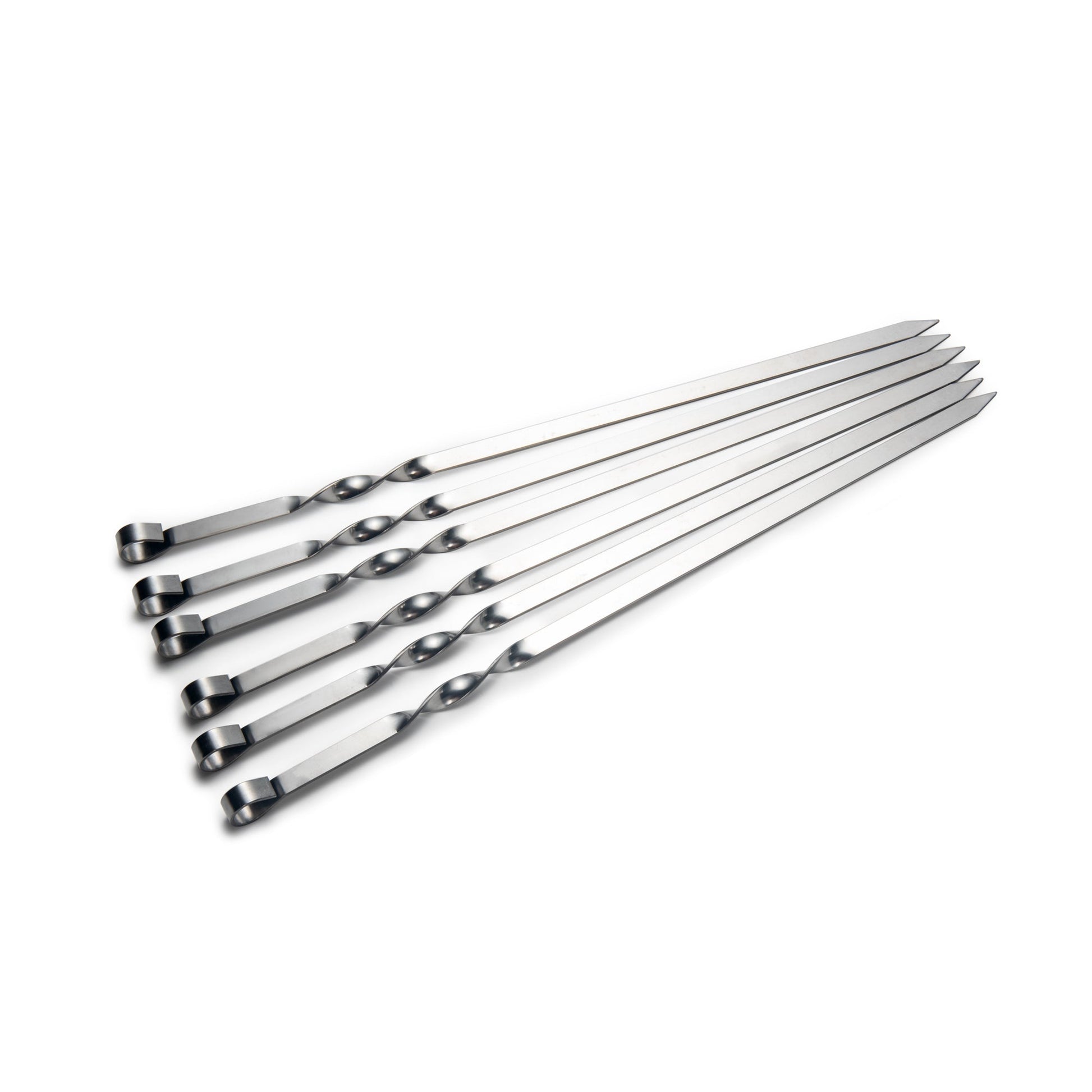 Flat Blade Stainless Steel Shish Kabob Skewers arranged flat for a clear product view