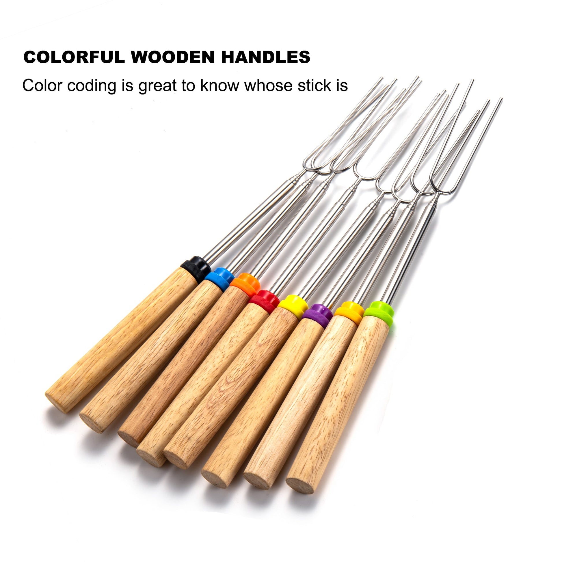 Marshmallow Roasting Sticks with colorful wooden handles for easy identification