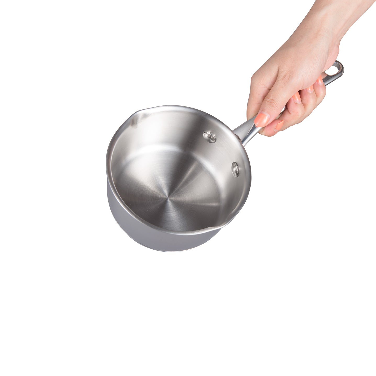 IMEEA Butter Warmer with 18/10 Tri-Ply Stainless Steel interior base held in hand, showcasing the brushed finish