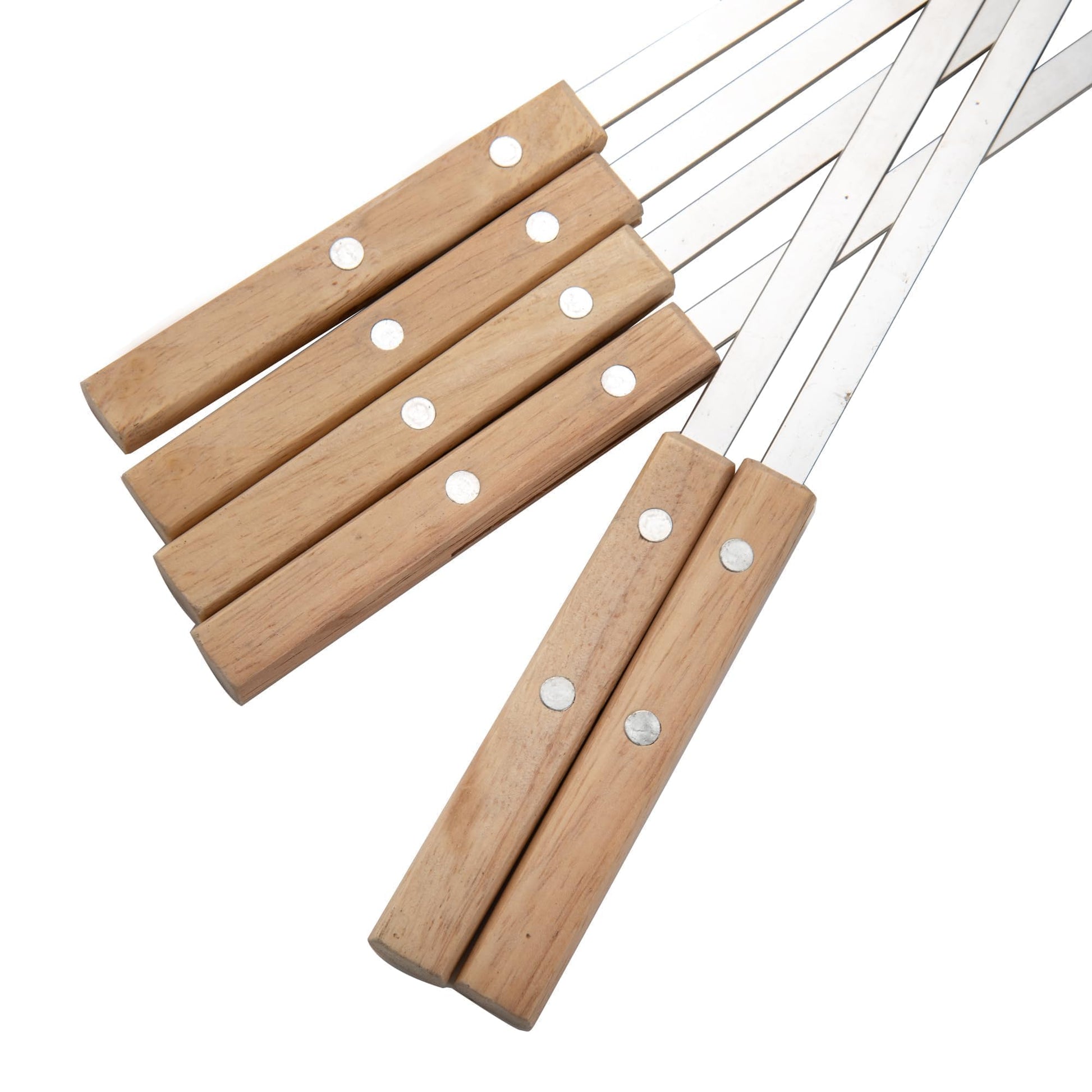 IMEEA Metal Kabob Sticks close-up highlighting the elegant wooden handle with a simple and comfortable design