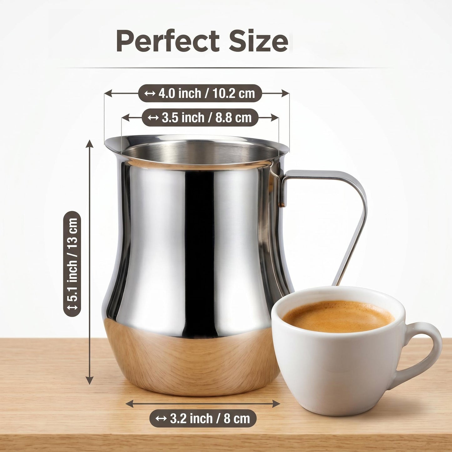 Milk Frothing Pitcher featuring 3.5 inch inner diameter, 5.1 inch height, and 3.2 inch width