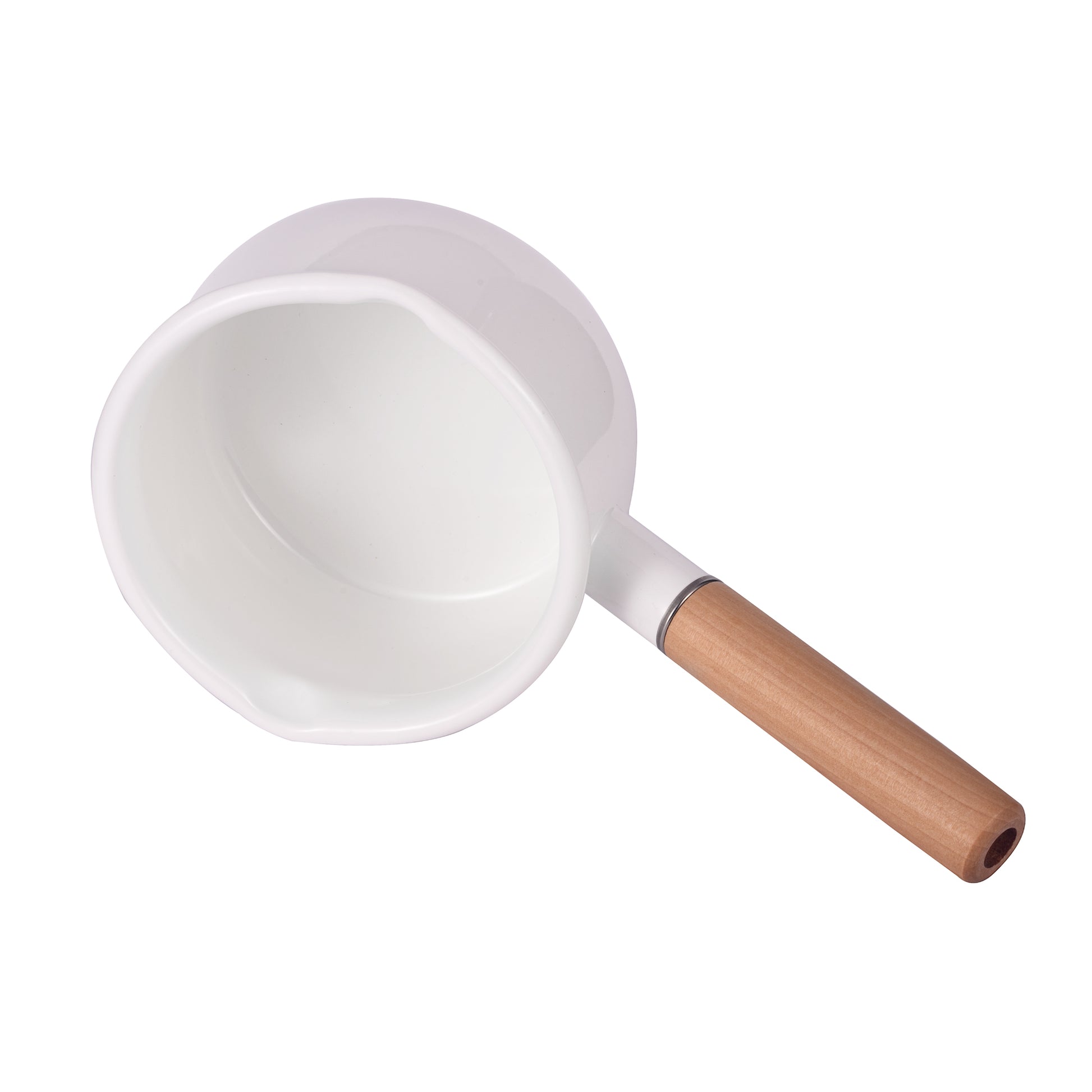 IMEEA enamel saucepan showcasing its smooth shape and comfortable wooden handle design