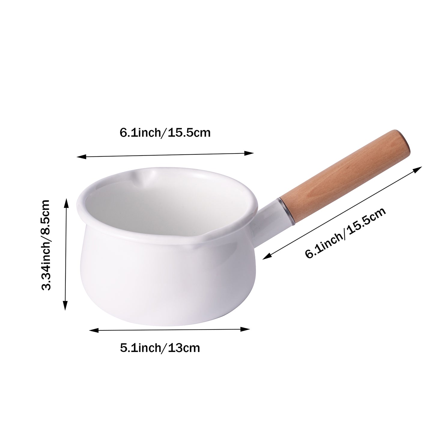 IMEEA enamel saucepan dimensions showing height, bottom diameter, opening diameter, and handle length measurements