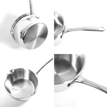 Polished Butter Warmer stainless steel saucepan displayed from different angles