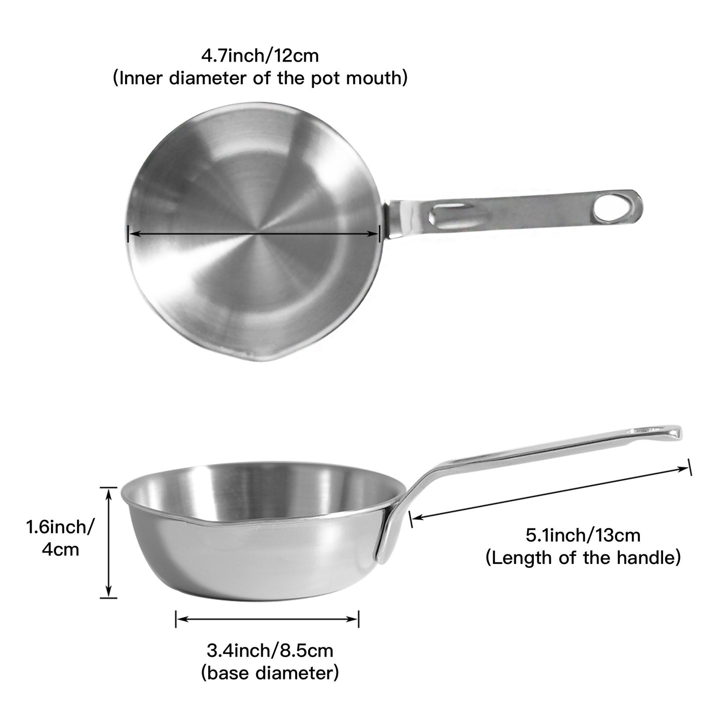 IMEEA SUS304 Stainless Steel Mini Egg Pan with 4.7-inch inner diameter, 3.4-inch base diameter, and 1.6-inch height