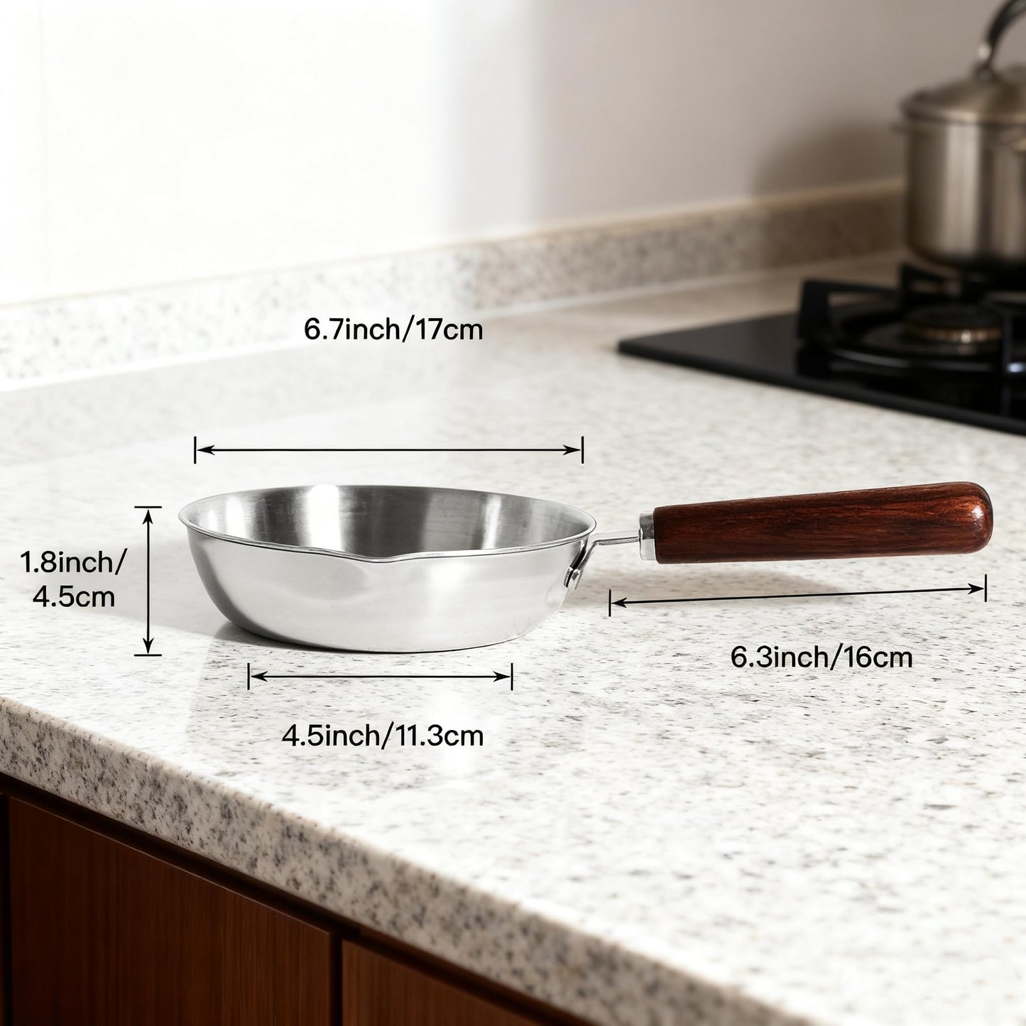 IMEEA Small Egg Pan measurement guide showing pan diameter, height and wooden handle size