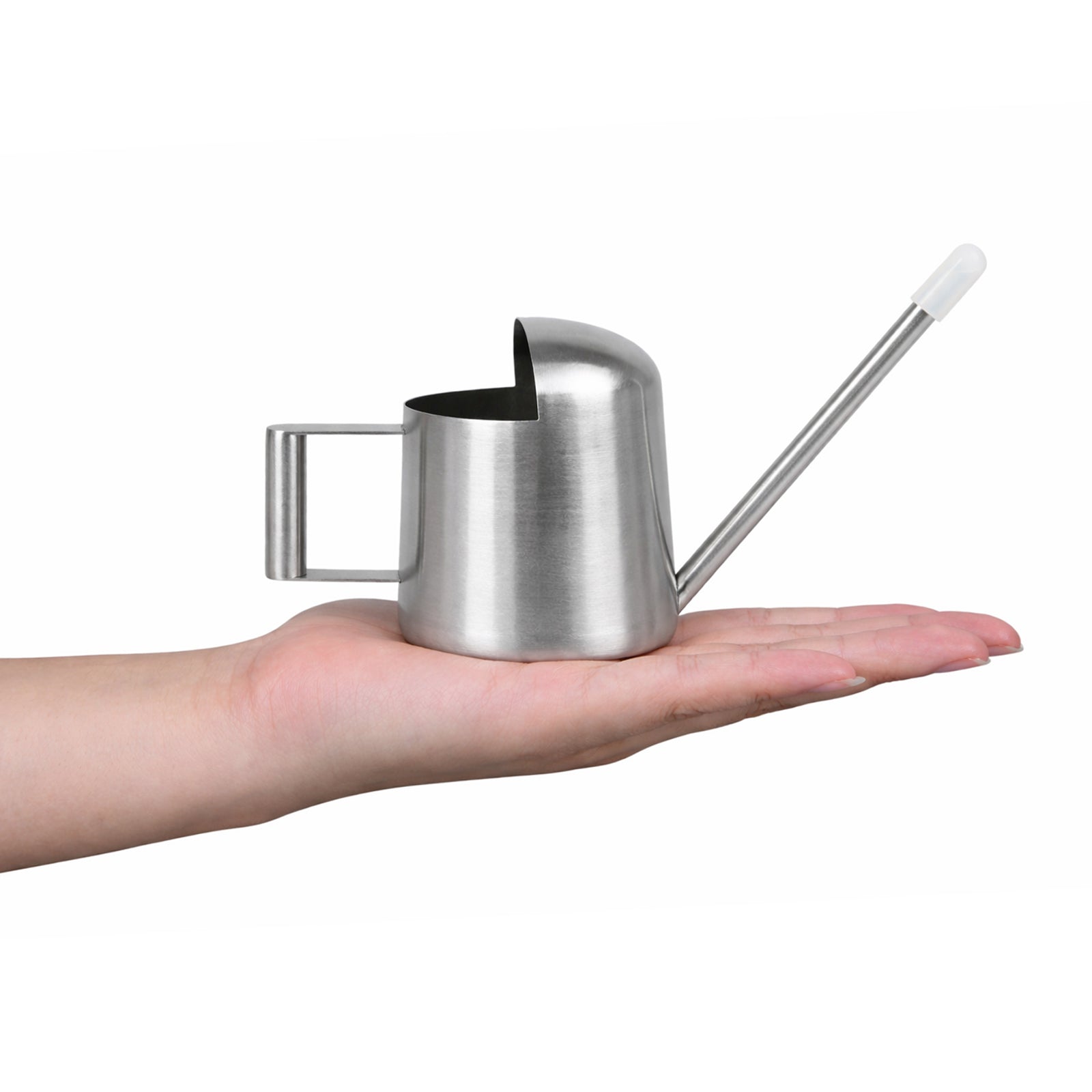 Mini Stainless Steel Watering Can placed on a palm showcasing a super cute design for indoor plants