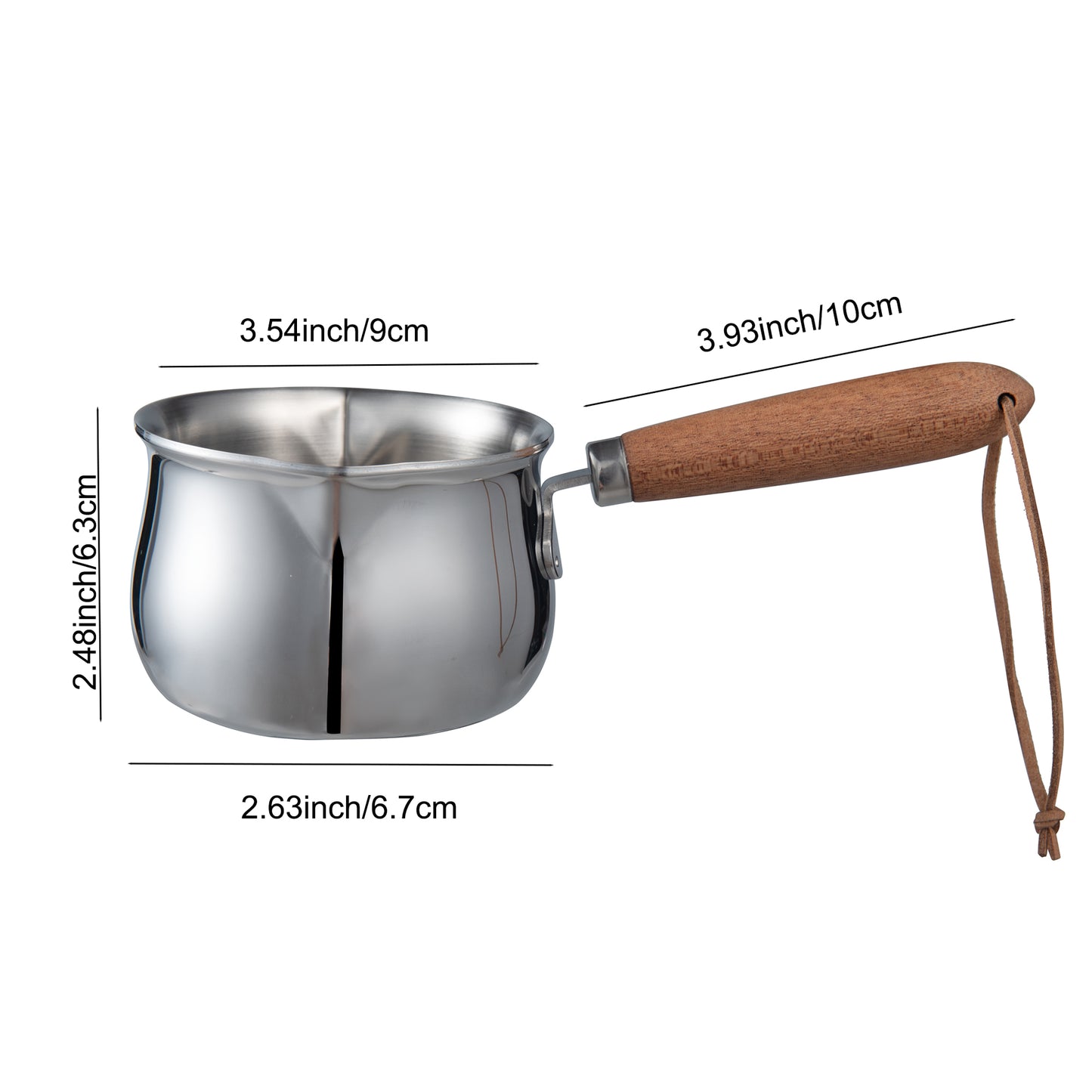 IMEEA Mini Stainless Steel Sauce Pan showing detailed size measurements
