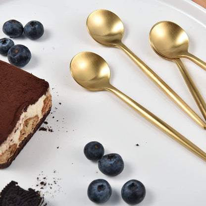 IMEEA SUS304 Stainless Steel Coffee Spoons with matte gold finish detail on a dessert tray