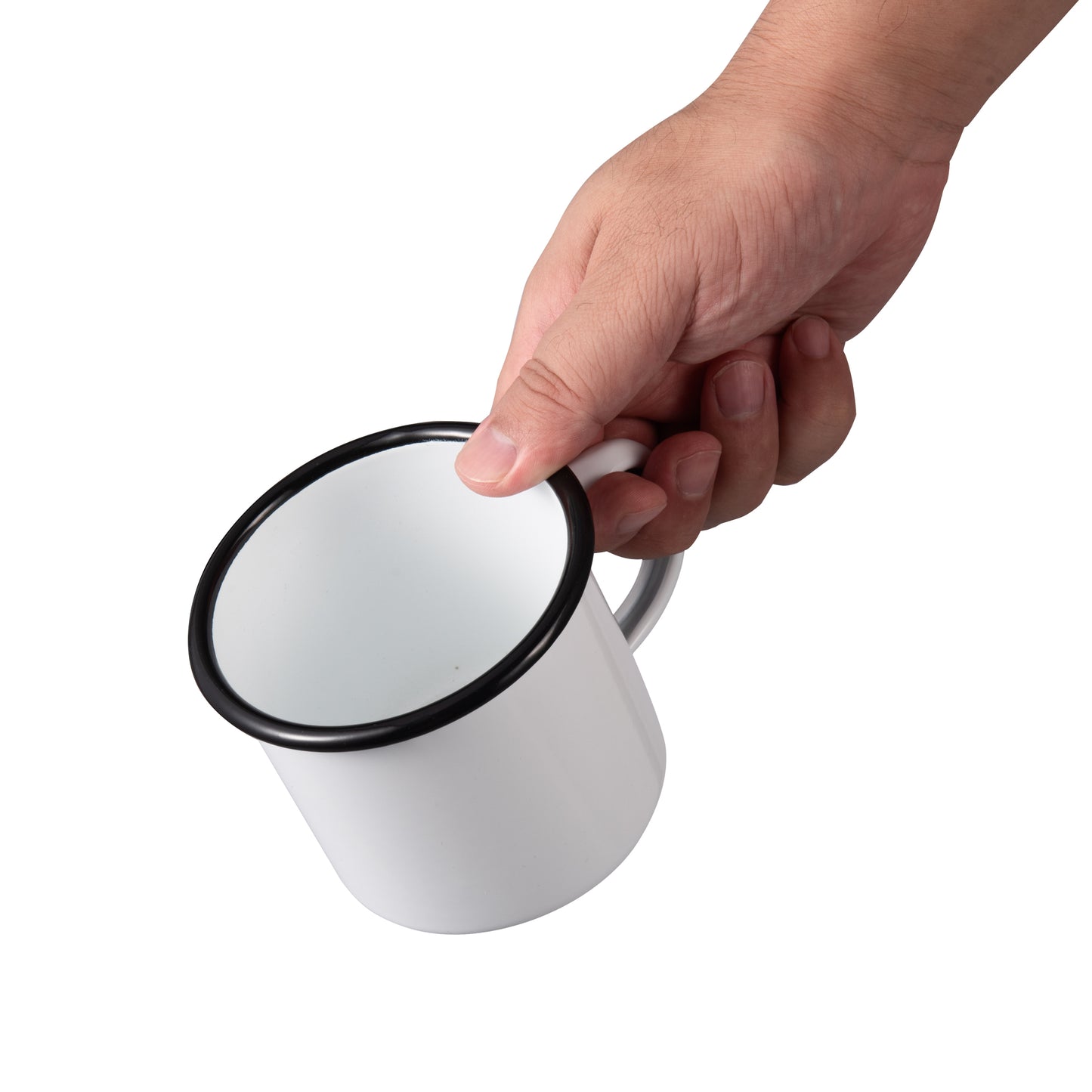 IMEEA White Enamel Mug held by the handle, showcasing the ergonomic grip and simple classic design