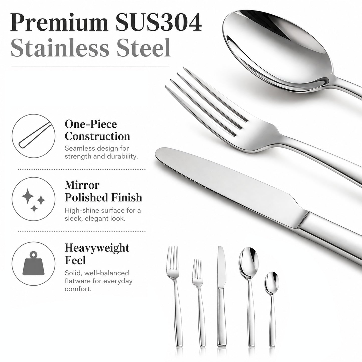 IMEEA Curved Handle Flatware Set with Seamless Design, Balanced Weight, and Mirror Polished SUS304 Stainless Steel