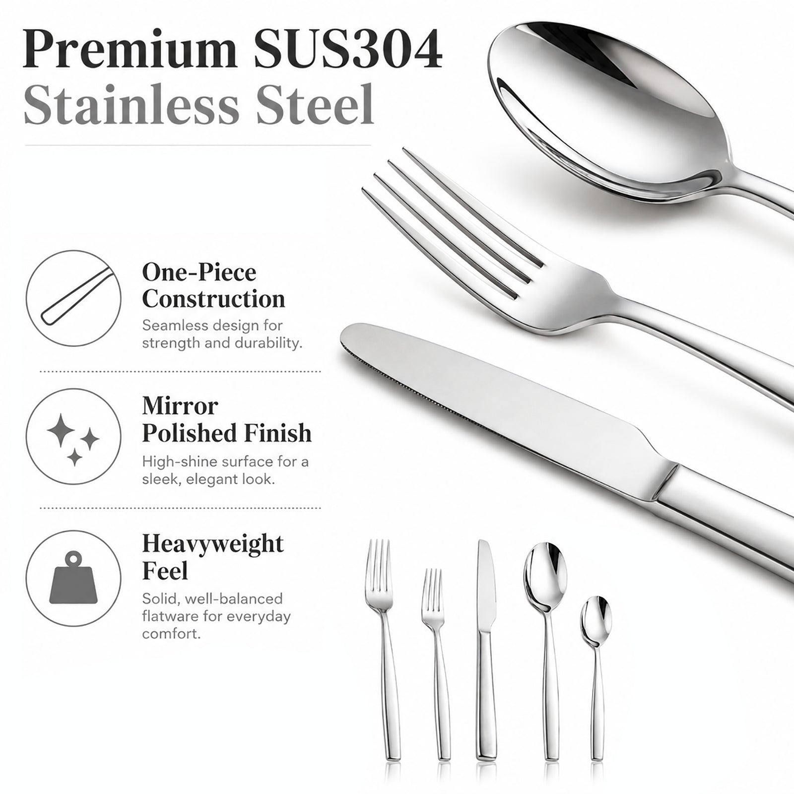 IMEEA Curved Handle Flatware Set with Seamless Design, Balanced Weight, and Mirror Polished SUS304 Stainless Steel