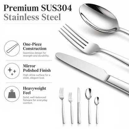 IMEEA Curved Handle Flatware Set with Seamless Design, Balanced Weight, and Mirror Polished SUS304 Stainless Steel