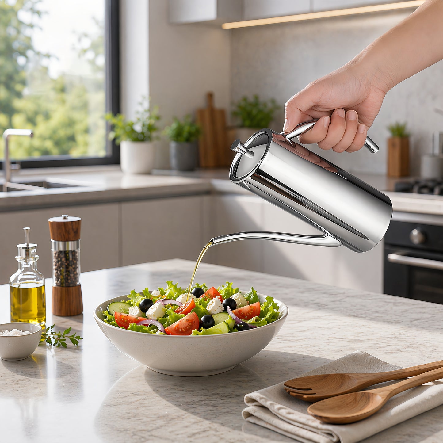 SUS304 Stainless Steel Olive Oil Dispenser pouring oil over fresh sal