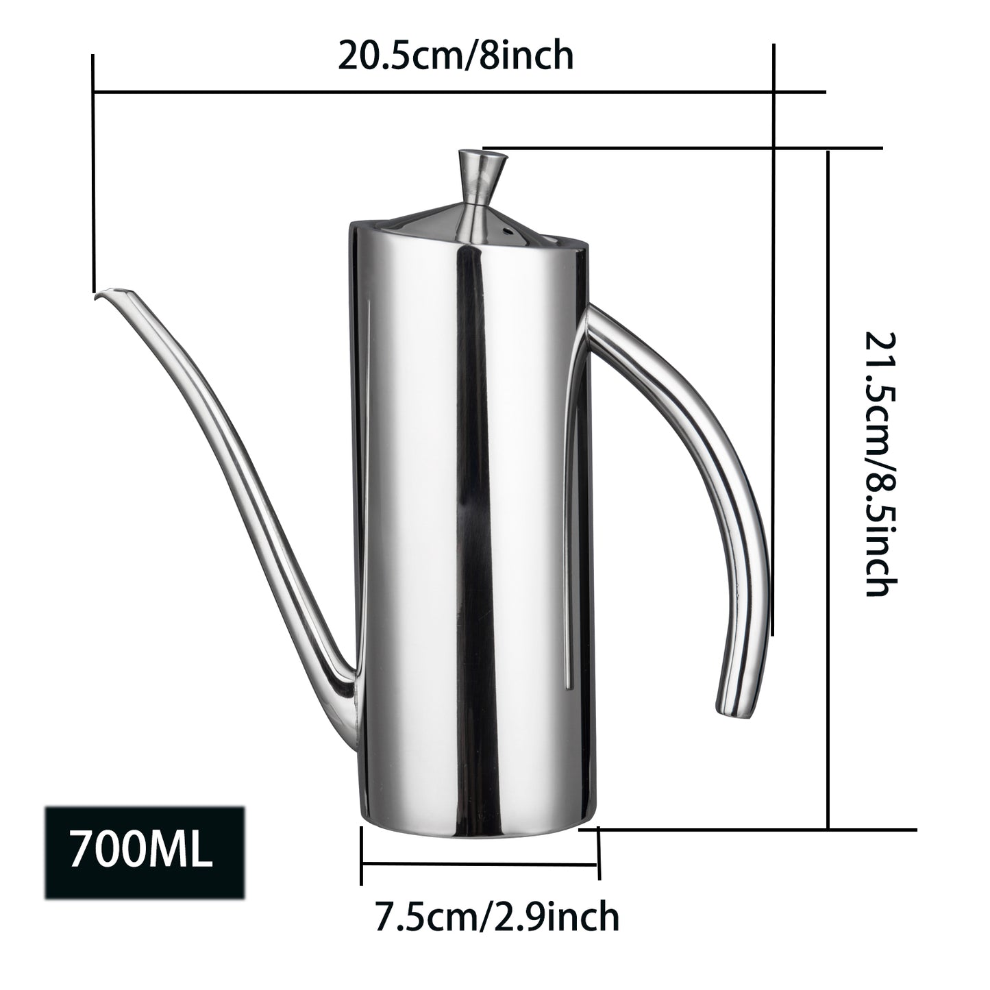SUS304 Stainless Steel Olive Oil Dispenser size detail with 700ml capacity, 7.5cm bottom diameter, and 21.5cm height