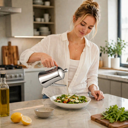 IMEEA Stainless Steel Olive Oil Dispenser pouring oil over salad in kitchen with drip-free spout design