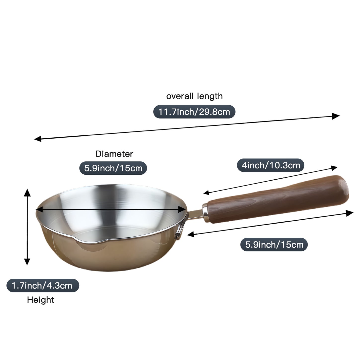 IMEEA mini omelet pan with 5.9-inch diameter, 1.7-inch height, and 11.7-inch total length