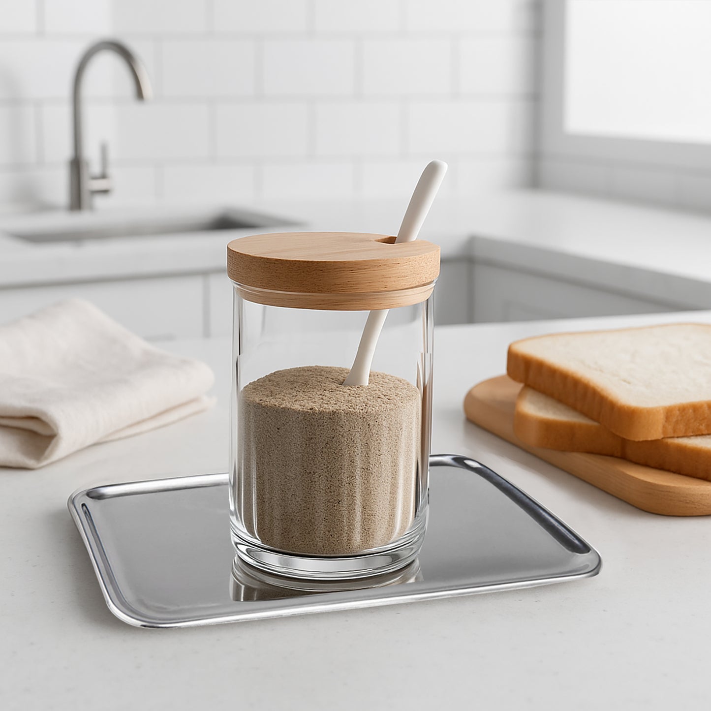 SUS304 Stainless Steel Organizer Tray holding seasoning jars on a dining table