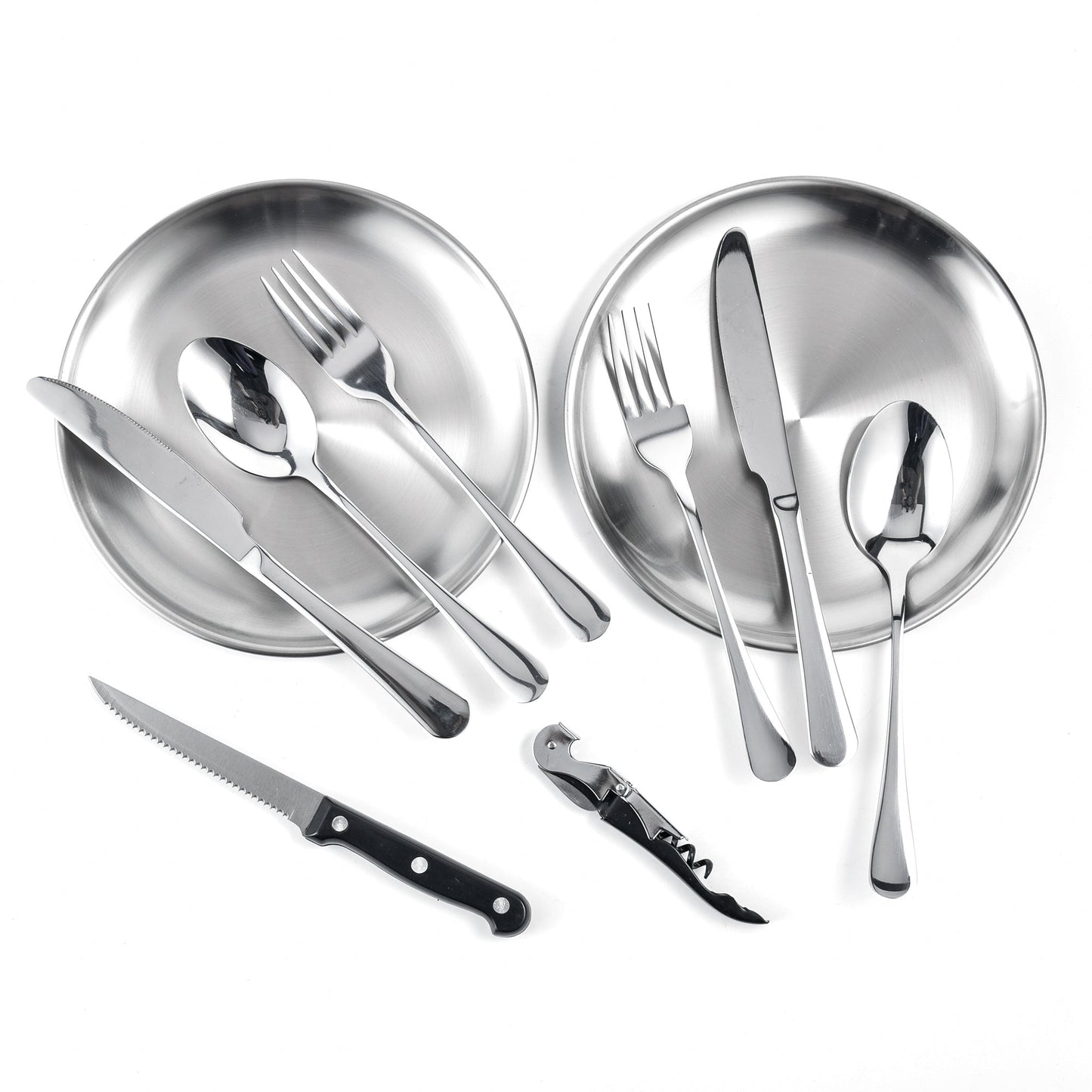 IMEEA camping silverware kit with utensils and plates displayed together