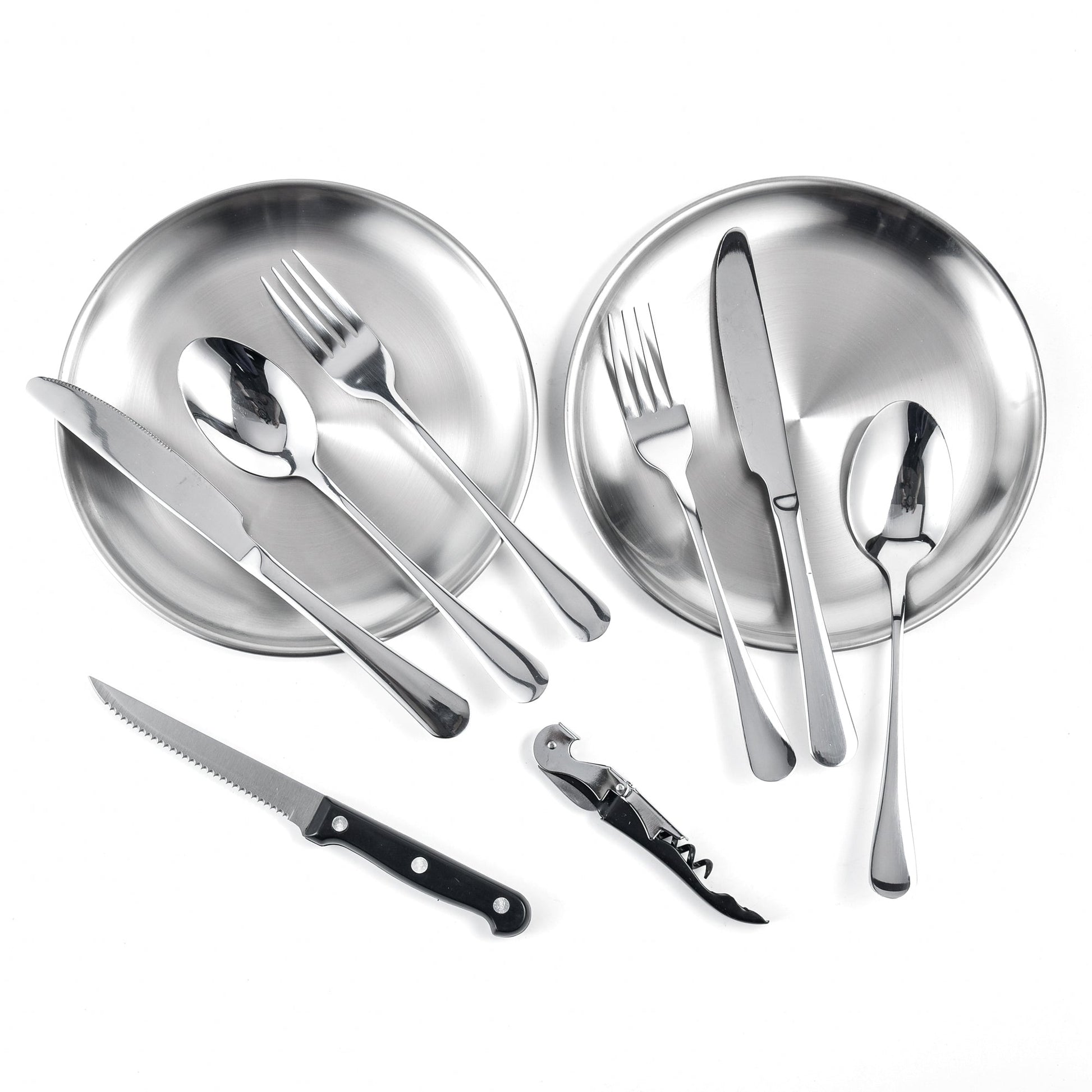 IMEEA camping silverware kit with utensils and plates displayed together