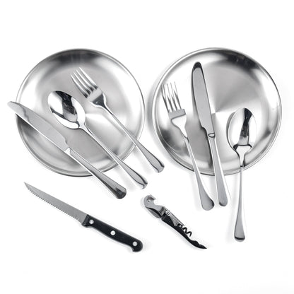 IMEEA camping silverware kit with utensils and plates displayed together