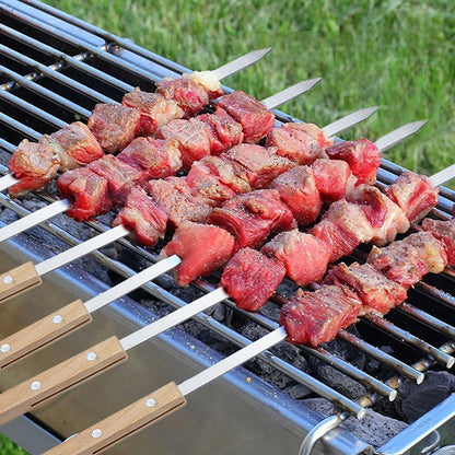Outdoor Grill Skewer Set with grilled meat on a barbecue grill showcasing stainless steel construction