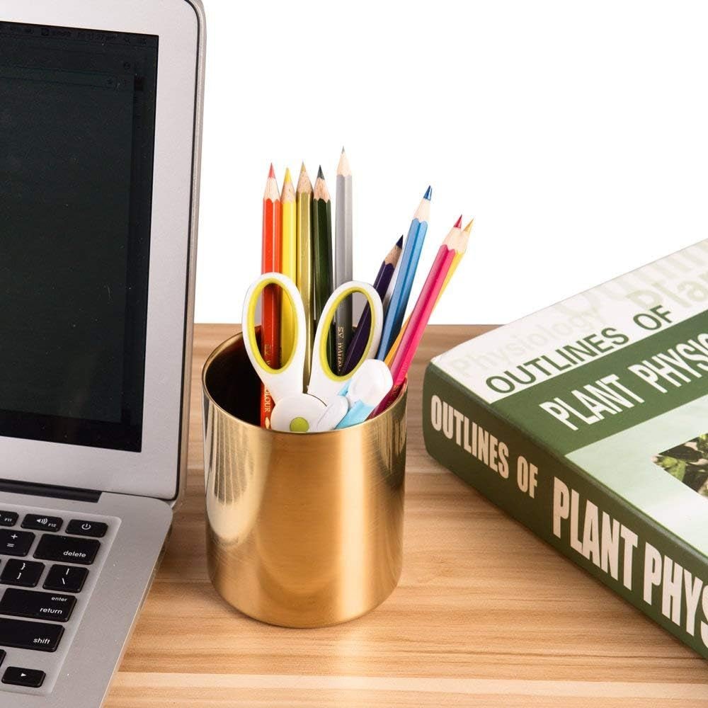 IMEEA Gold Pencil Cup Holder with double-walled stainless steel design holding stationery on an office desk