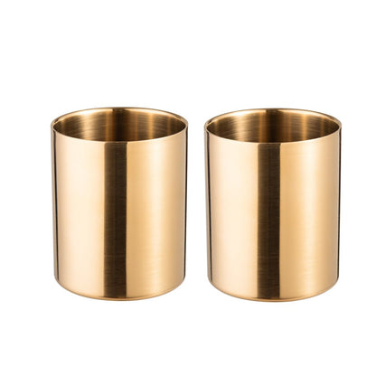 IMEEA Gold Pencil Cup Holder Double Walled Stainless Steel Desk Pen Holder Makeup Brush Holders for Vanity, Set of 2 