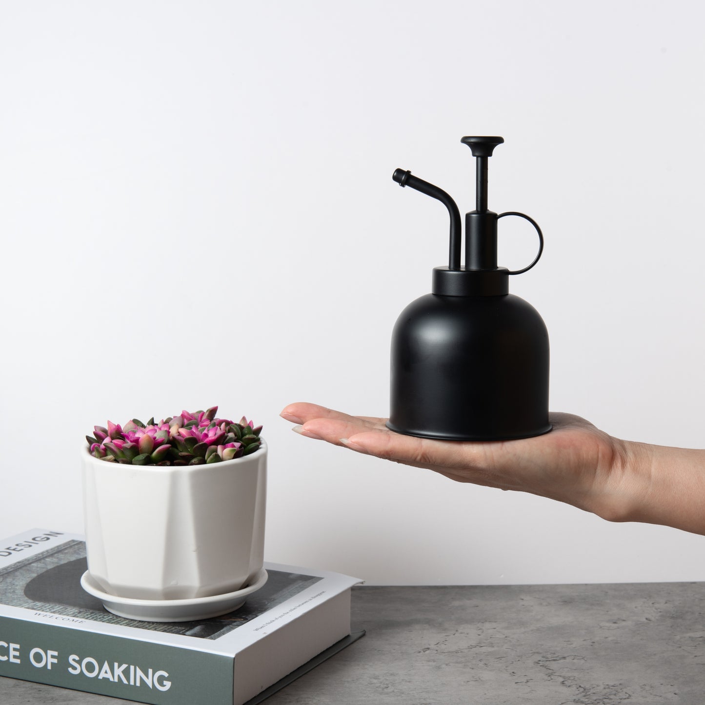 Sleek black plant mister in palm, highlighting compact size