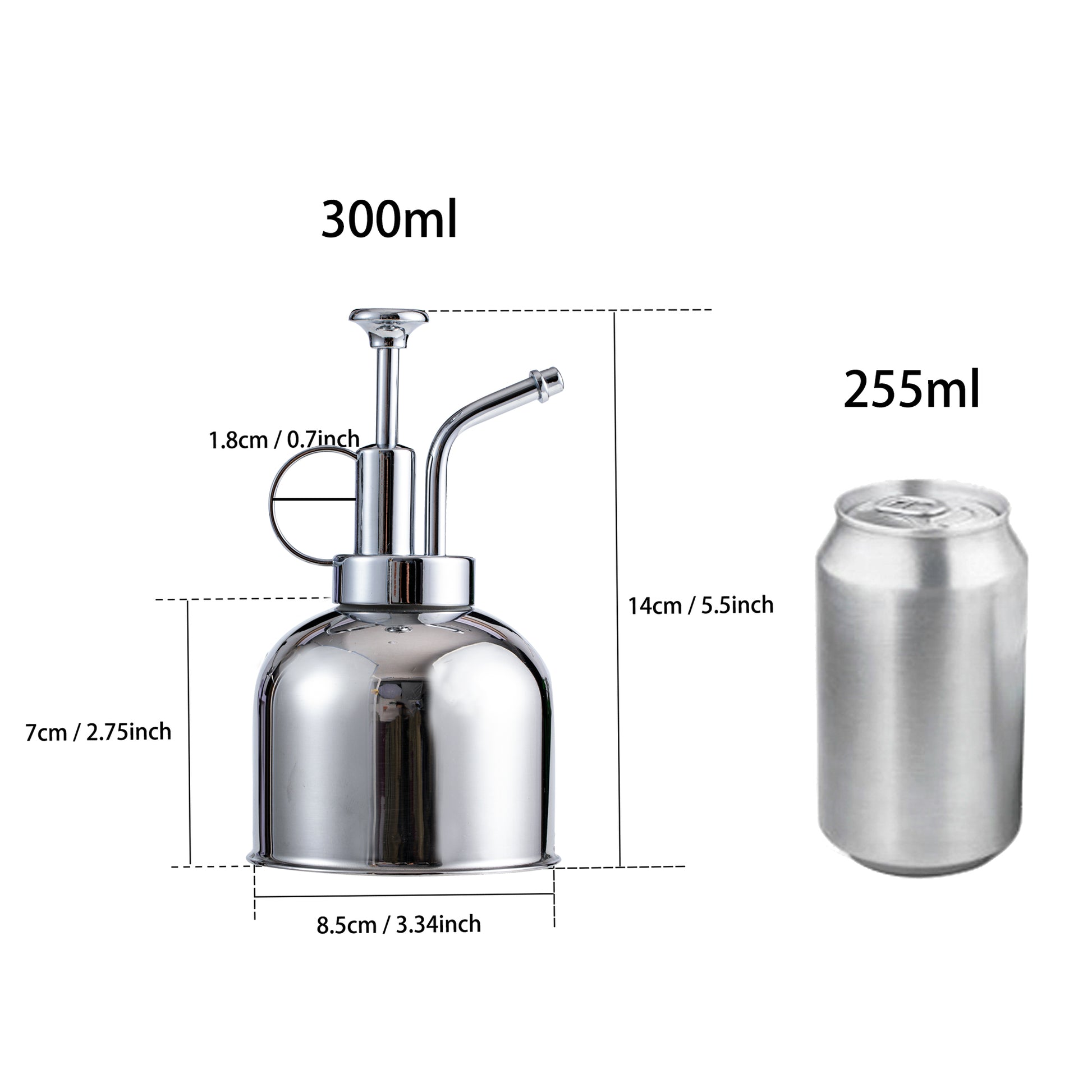IMEEA 10oz/300ml plant mister with a 5.5-inch height, slightly taller than a 255ml can