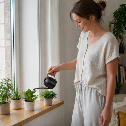 Modern Black Stainless Steel Plant Watering Can watering small potted plants on a windowsill