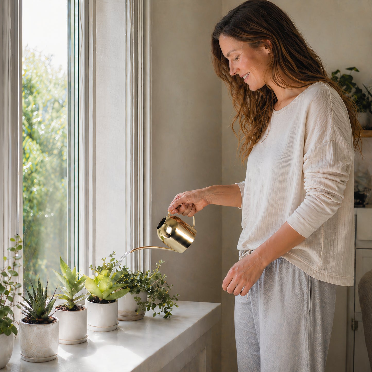 Glossy Gold Stainless Steel Plant Watering Can watering windowsill plants with a long spout
