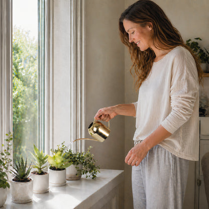 Glossy Gold Stainless Steel Plant Watering Can watering windowsill plants with a long spout
