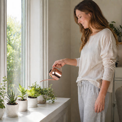 IMEEA Rose Gold Mini Stainless Steel Watering Can for precise care of small indoor plants on a windowsill