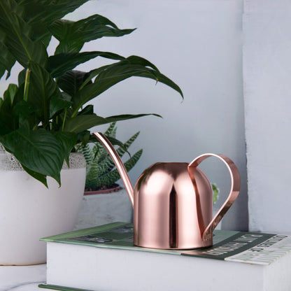 Rose Gold Mini Stainless Steel Watering Can placed on a tabletop to complement indoor plant spaces