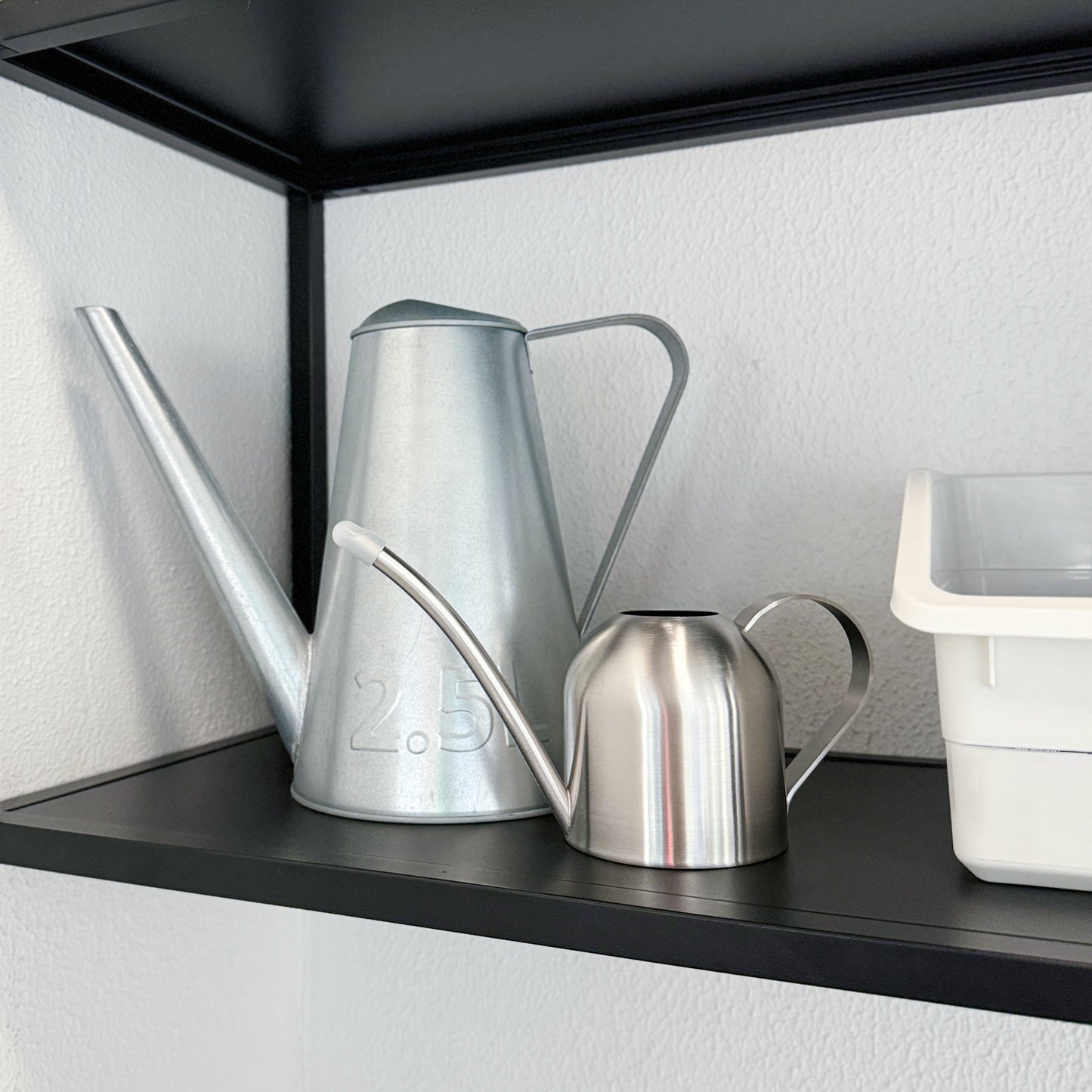 Mini Stainless Steel Plant Watering Can displayed beside a 2.5L watering can showing the compact size difference