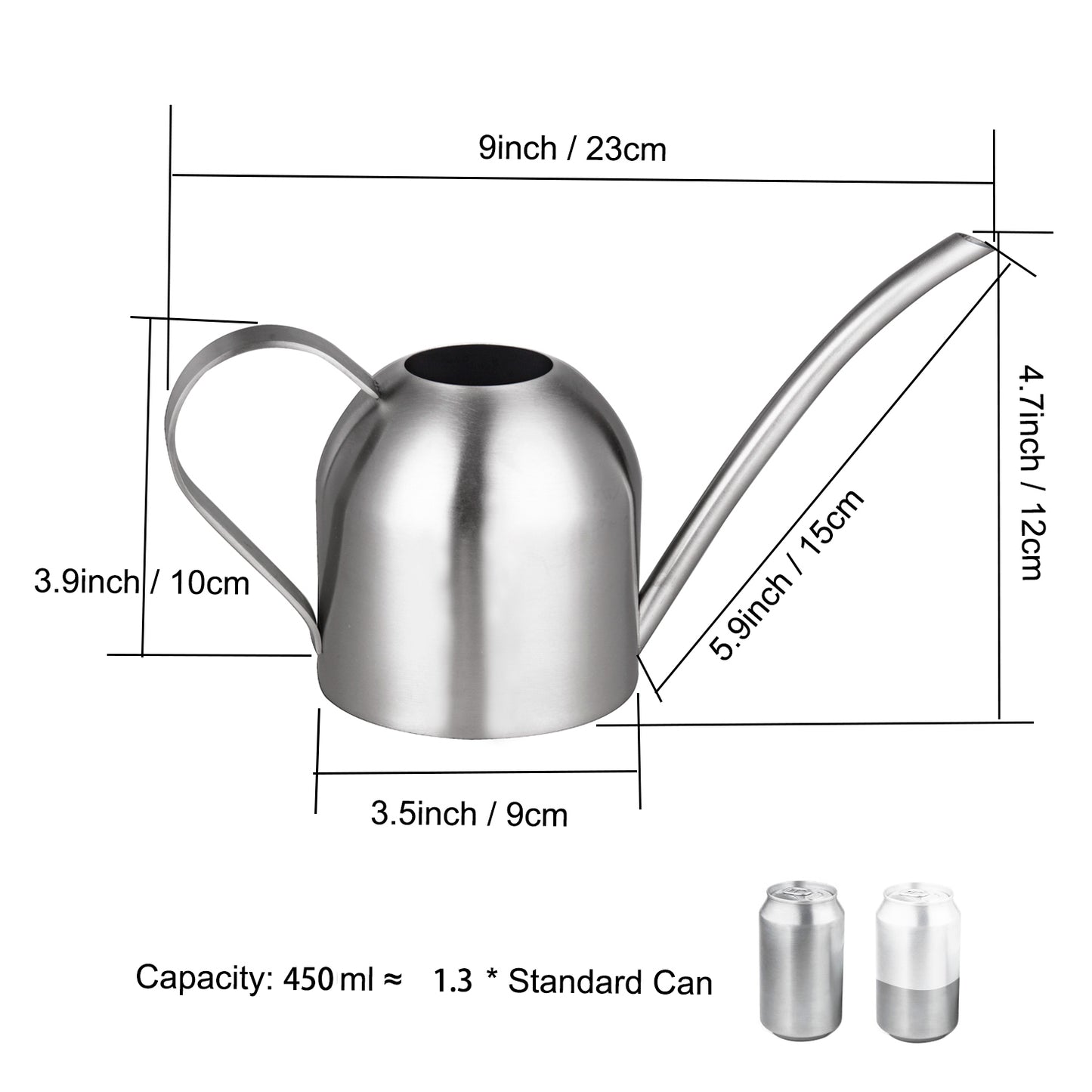 IMEEA Mini Stainless Steel Watering Can measurement guide featuring product size and 15oz capacity reference