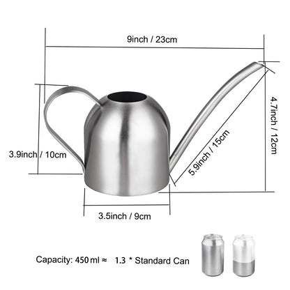 IMEEA Mini Stainless Steel Watering Can measurement guide featuring product size and 15oz capacity reference